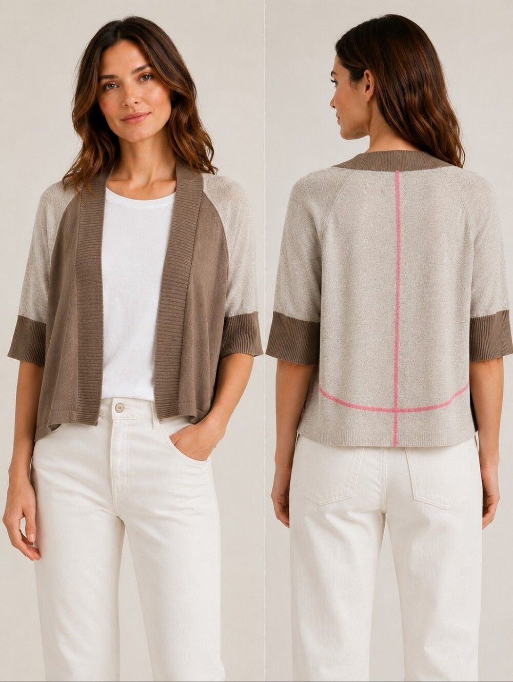Ted Baker Open Front Cardigan Sz 2 US 6 Gray Taupe Knit Short Sleeve Cotagecore